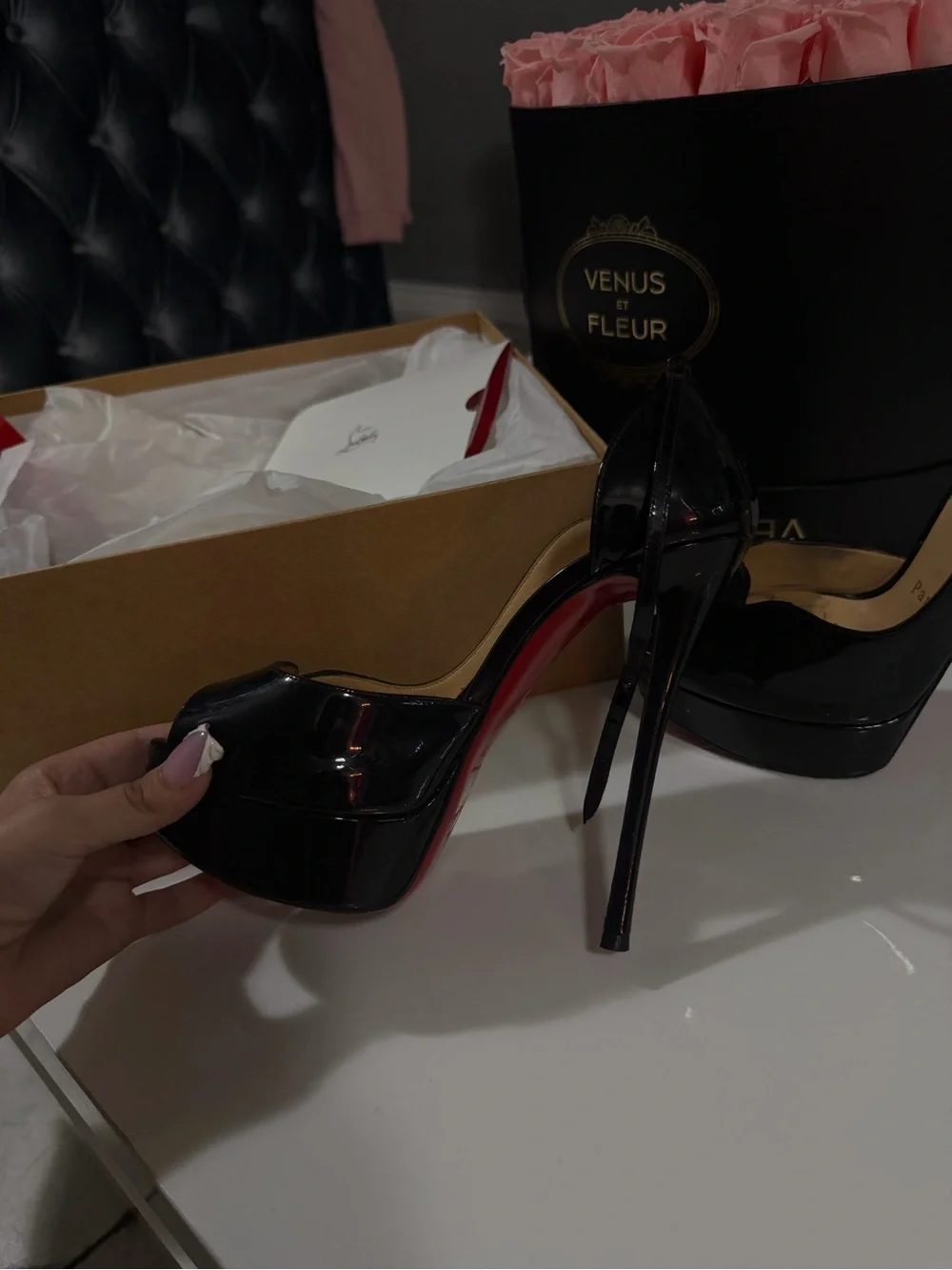 Black Patent Platform Peep-Toe Heels with Ankle Strap
